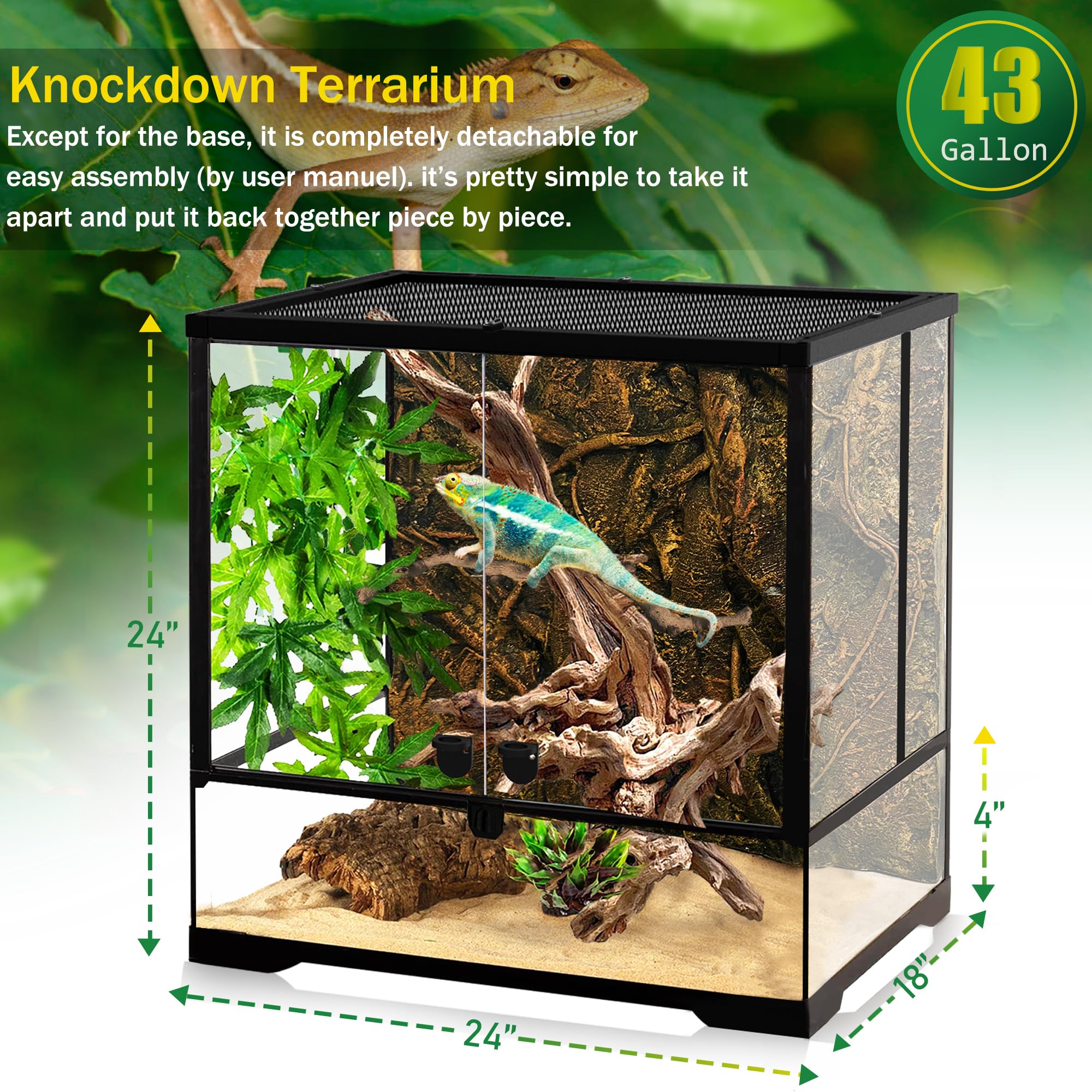 Neptonion 43 Gallon Professional Glass Terrarium 24''X18''X24'' Durable Reptile Habitat Tank With Heat Resistant Aluminum Alloy